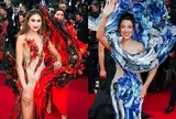 Hai người đẹp Ấn Độ diện trang phục của NTK Việt Nam tại LHP Cannes 2025