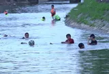 Nắng nóng gần 40 độ C, người dân đổ về đoạn sông dài 500m tắm giải nhiệt