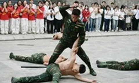 Sinh viên thích thú xem đặc công biểu diễn, ăn cơm bộ đội và nghe chuyện gìn giữ hòa bình