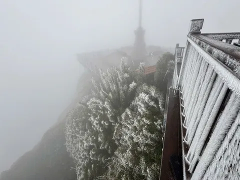 Du khách thích thú chụp ảnh với băng giá trên đỉnh Fansipan