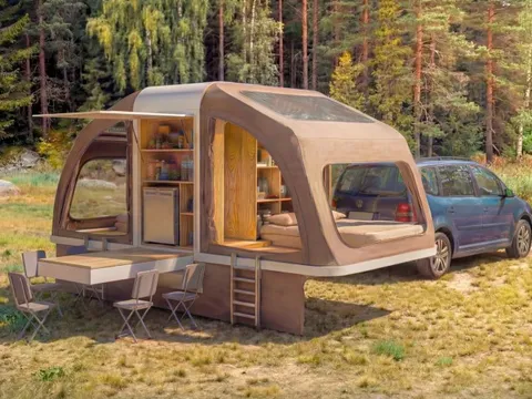 Nhà di động 'nở' gấp 3 lần: Bình thường nhỏ hơn cả Wuling Mini EV, khi mở rộng đủ cho 4 người sống